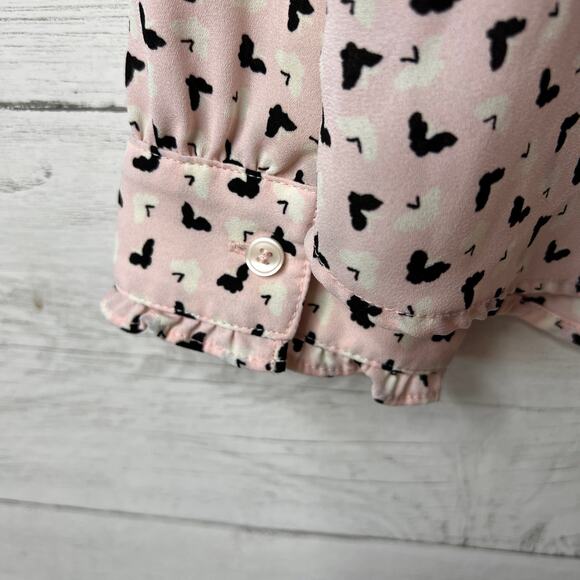 Talbots Blouse Womens Size Large Pink & Black Butterfly Bird Pintuck Peter Pan - Picture 12 of 16